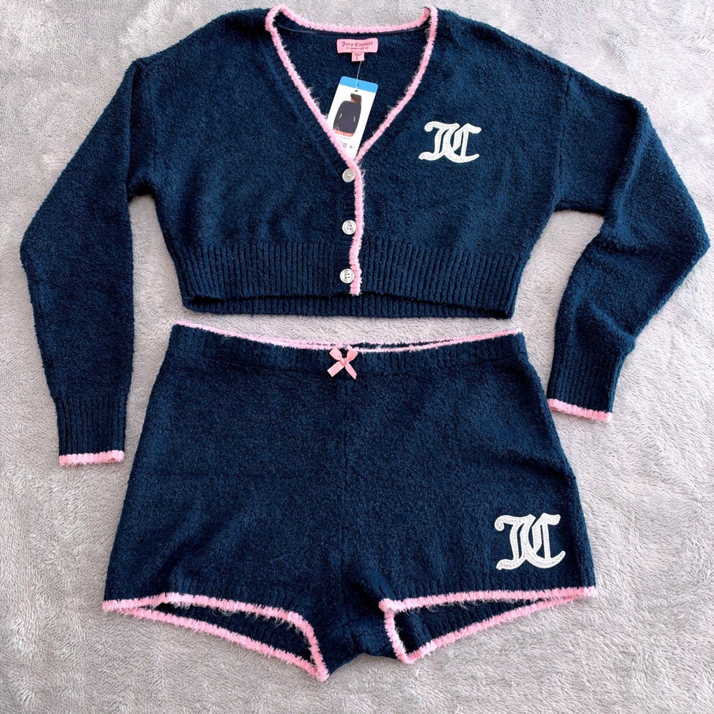 Juicy Couture Pajama Set Women L Navy Teddy Cardi Short Set Rhinestone Logo Cozy